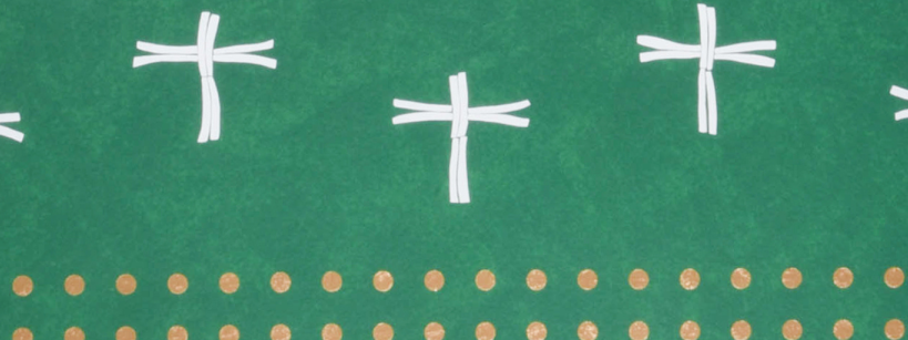 A green tapestry with five white crosses arranged in a pattern above a horizontal line of gold dots near the bottom.