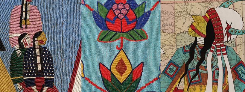 A triptych featuring Native American beadwork and art: left, two figures in traditional attire; center, a colorful floral beadwork design; right, a figure in regalia overlaid on a map.