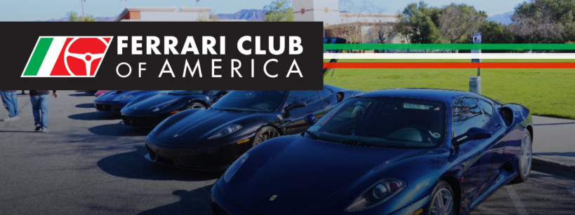 A row of black Ferrari sports cars parked outdoors with the Ferrari Club of America logo and name overlaid on the top left. Green grass, trees, and a building are visible in the background.