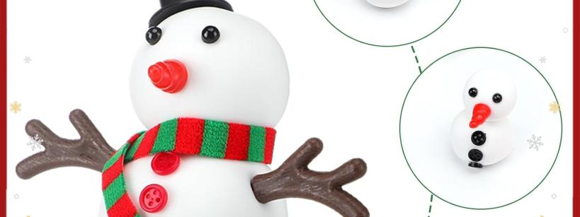Step-by-step guide showing how to make a snowman craft with a scarf, buttons, hat, carrot nose, and stick arms, set against a festive background with ornaments and Santa in a sleigh.