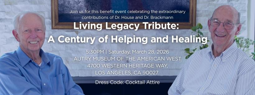 Two elderly men smiling and seated in front of a window. Text overlays invite people to the "Living Legacy Tribute: A Century of Helping and Healing" event on March 28, 2026, at the Autry Museum in Los Angeles.
