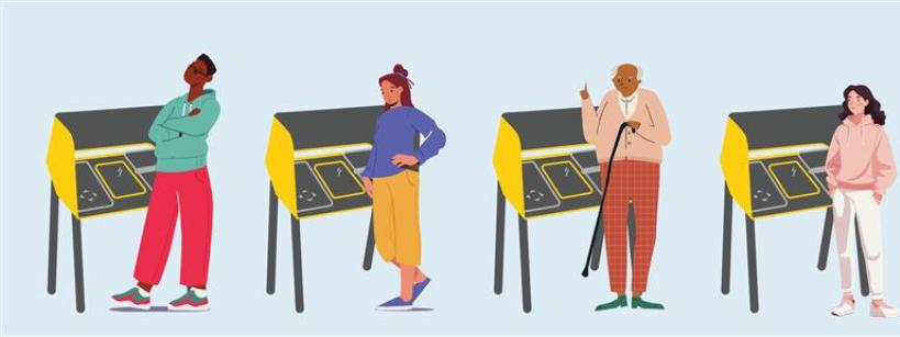 Four diverse people stand beside accessible voting booths. The group includes individuals of different ages and abilities, one using a cane, representing inclusivity in voting access.