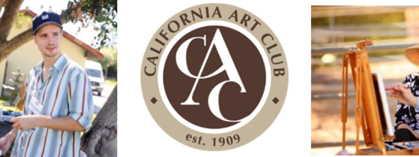Left: Person painting outdoors by a tree. Center: California Art Club logo. Right: Person teaching painting to another at an easel, both wearing hats and sitting outside.