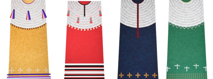 Four traditional Indigenous ribbon dresses in yellow, red, blue, and green, each featuring a white yoke and unique geometric or cross-shaped detailing at the hem.